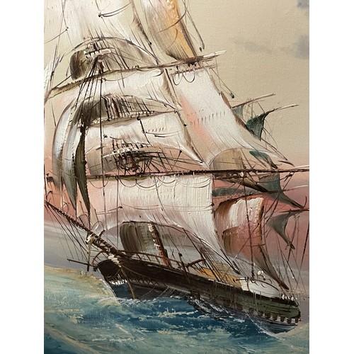 334 - OIL ON CANVAS OF SHIP AT SEA FRAMED SIGNED BAILL