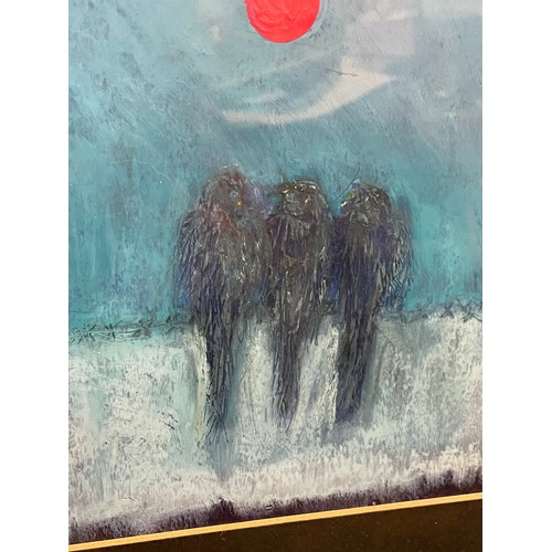 336 - TEXTURED ACRYLIC PAINTING OF BIRDS ON A WIRE BY JOHN DASH