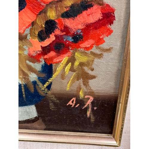 340 - OIL ON CANVAS WILD POPPIES MONOGRAMMED AR