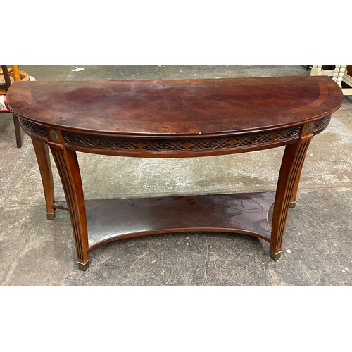 120 - REPRODUCTION MAHOGANY AND BURR WALNUT CROSS BANDED DEMI LUNE CONSOLE TABLE