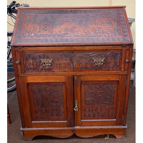 90 - EDWARDIAN BUREAU CARVED WITH CHINOISERIE PICTORIAL PANELS