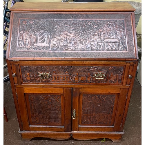 90 - EDWARDIAN BUREAU CARVED WITH CHINOISERIE PICTORIAL PANELS