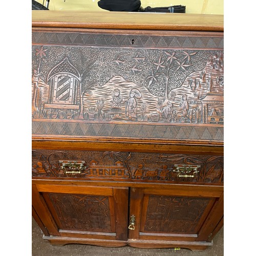 90 - EDWARDIAN BUREAU CARVED WITH CHINOISERIE PICTORIAL PANELS