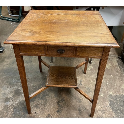 68 - EDWARDIAN OAK SQUARE TOPPED OCCASIONAL TABLE WITH SHALLOW DRAWER AND UNDERTIER