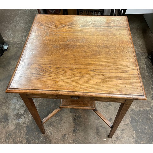 68 - EDWARDIAN OAK SQUARE TOPPED OCCASIONAL TABLE WITH SHALLOW DRAWER AND UNDERTIER