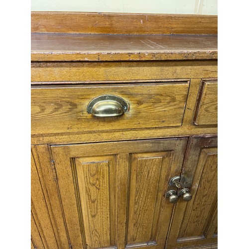 91 - PITCH PINE FIELDED PANEL DOOR GALLERY BACK SIDE BOARD/COUNTER