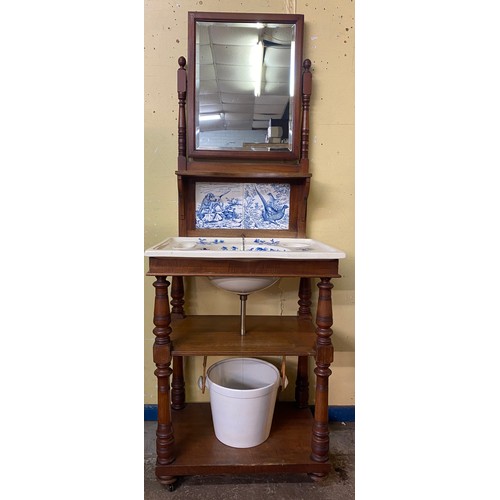 97 - EDWARDIAN WALNUT TILED SPLASH BACK VANITY WASH BASIN WITH SLOP PAIL