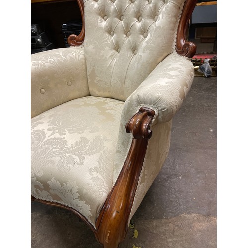 172 - VICTORIAN WALNUT CREAM BROCADE BUTTON BACK GENTLEMANS ARMCHAIR