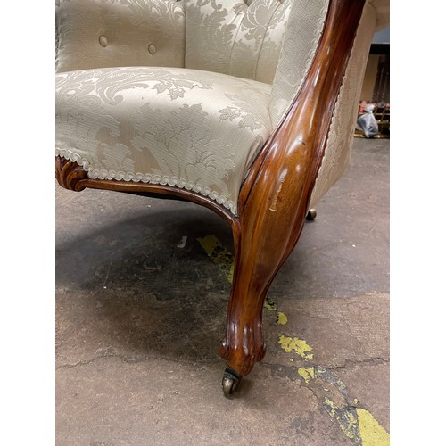 172 - VICTORIAN WALNUT CREAM BROCADE BUTTON BACK GENTLEMANS ARMCHAIR