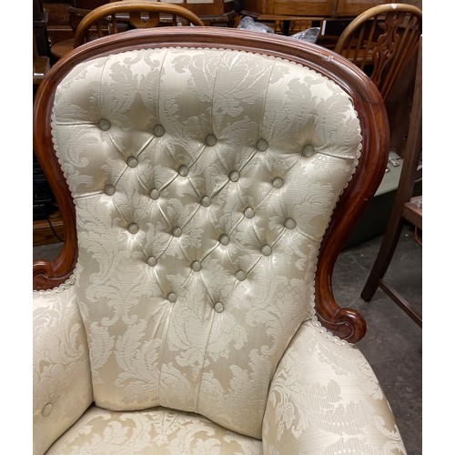 172 - VICTORIAN WALNUT CREAM BROCADE BUTTON BACK GENTLEMANS ARMCHAIR