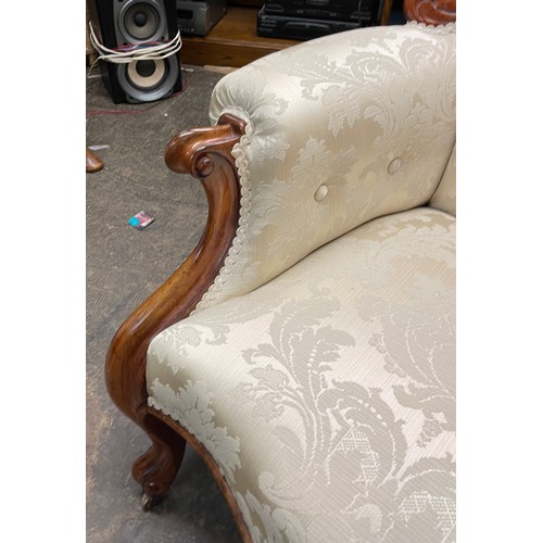 172 - VICTORIAN WALNUT CREAM BROCADE BUTTON BACK GENTLEMANS ARMCHAIR