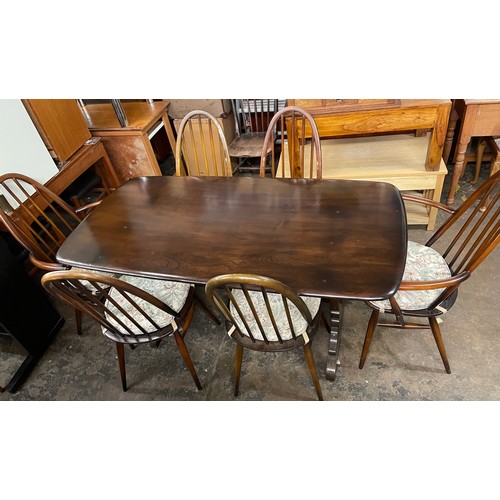 181 - DARK ELM REFRECTROY TABLE AND FOUR SPINDLE BACK DINING CHAIRS