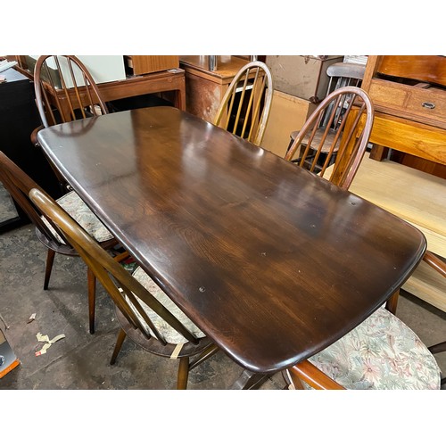 181 - DARK ELM REFRECTROY TABLE AND FOUR SPINDLE BACK DINING CHAIRS