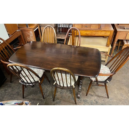 181 - DARK ELM REFRECTROY TABLE AND FOUR SPINDLE BACK DINING CHAIRS