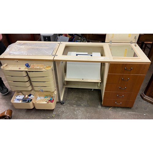 145 - TEAK HOME NEEDLEWORK CABINET FITTED WITH VIKING SEWING MACHINE