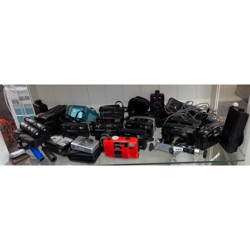 349 - SHELF OF VARIOUS CAMERAS, BINOCULARS, LIGHT METERS AND FLASH