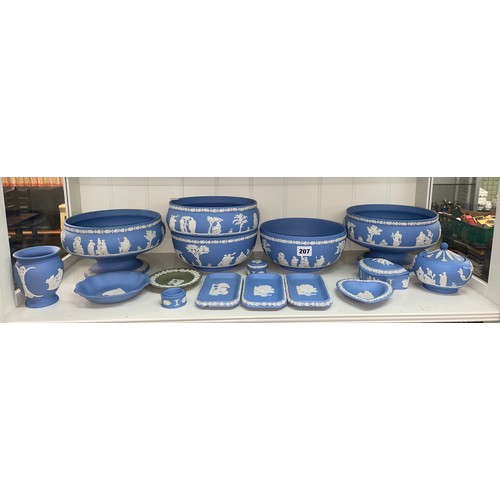 207 - SHELF OF POWDER BLUE WEDGWOOD JASPER WARE BOWLS AND PIN TRAYS