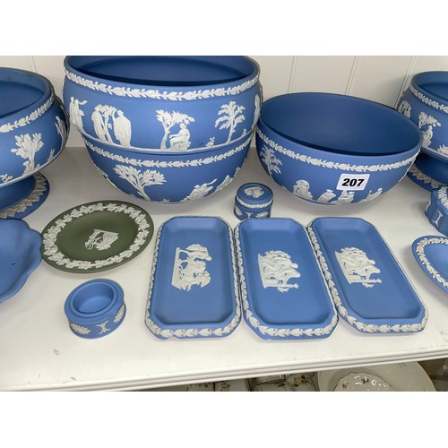 207 - SHELF OF POWDER BLUE WEDGWOOD JASPER WARE BOWLS AND PIN TRAYS