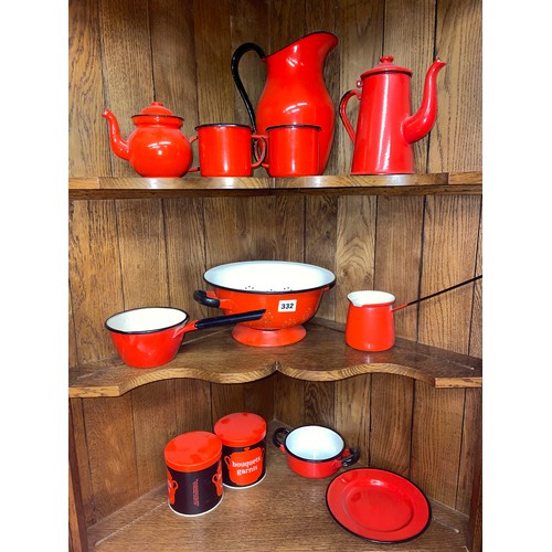 332 - RED ENAMEL KITCHEN COLANDER, BOWLS AND JUG