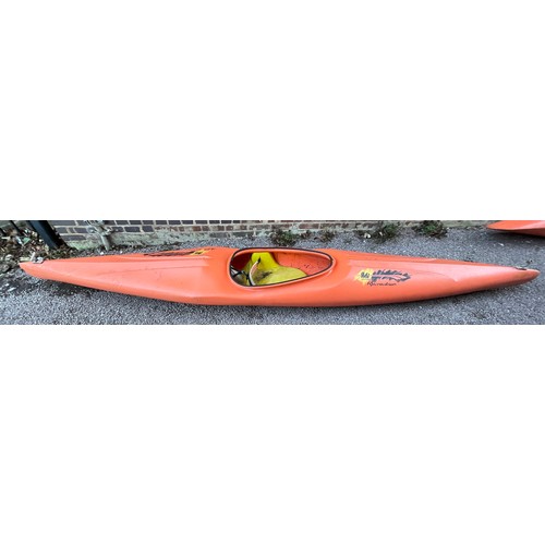 157 - TWO ORANGE FIBRE GLASS CANOES & OARS