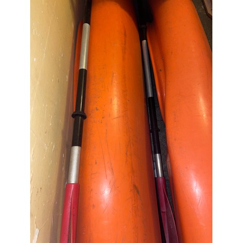 157 - TWO ORANGE FIBRE GLASS CANOES & OARS