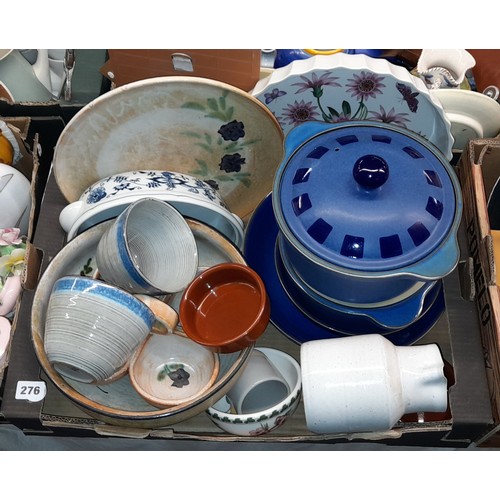 276 - TWO DENBY STONEWARE CASSEROLE DISHES AND BOWLS AND POTTERY FRUIT BOWL AND RAMEKINS'