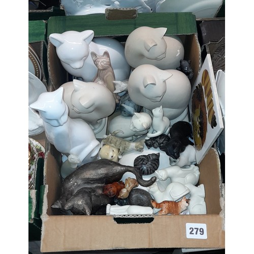 279 - BOX - ALABASTER, CERAMIC, AND RESIN CAT FIGURES