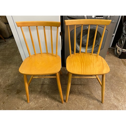 56 - PAIR OF BEECH SPINDLE RAIL BACK DINING CHAIRS