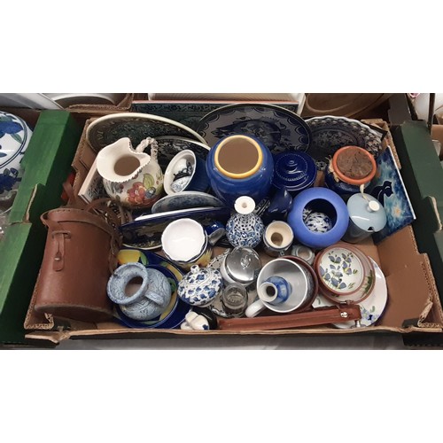 292 - TWO CARTONS - BLUE AND WHITE AND PERSIAN INSPIREDPOTTERY AND TILES, GLASSWARES, ETC