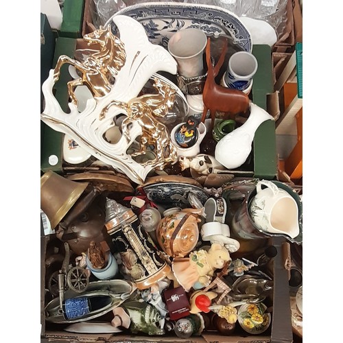 307 - TWO CARTONS OF ASSORTED CERAMICS, COPPER KETTLE, FIGURE GROUPS, BLUE AND WHITE PLATTER, VASES, ETC