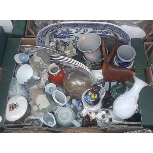 307 - TWO CARTONS OF ASSORTED CERAMICS, COPPER KETTLE, FIGURE GROUPS, BLUE AND WHITE PLATTER, VASES, ETC