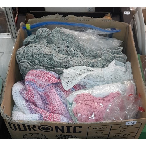 315 - BOX OF CROCHET, WOOL, AND TABLE LINENS