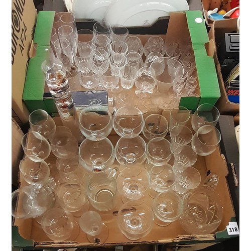 318 - TWO CARTONS OF VARIOUS DRINKING GLASSES, LEMONADE JUGS