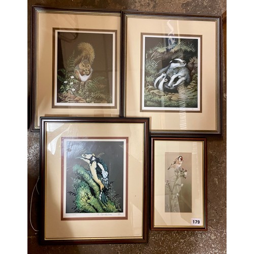 179 - SELECTION OF LIMITED EDITION LITHOGRAPHIC PRINTS GREY SPOTTED WOODPECKER, BADGERS AND A GOLDFINCH ON... 