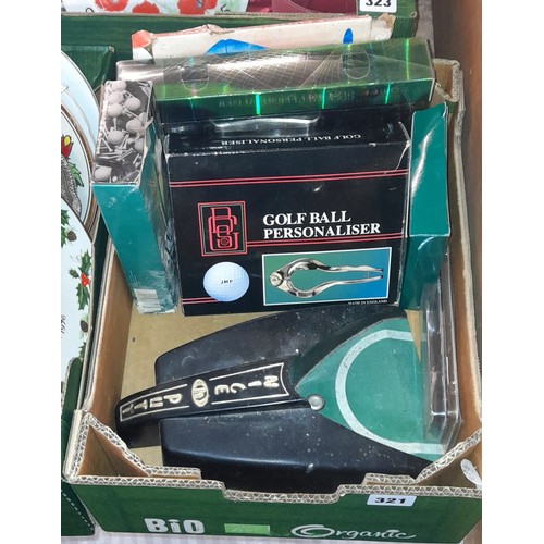 321 - BOX CONTAINING GOLF BALL PERSONALISER, BALL MARK REPAIR KITS AND GOLF PUTTING PRACTISE GAME