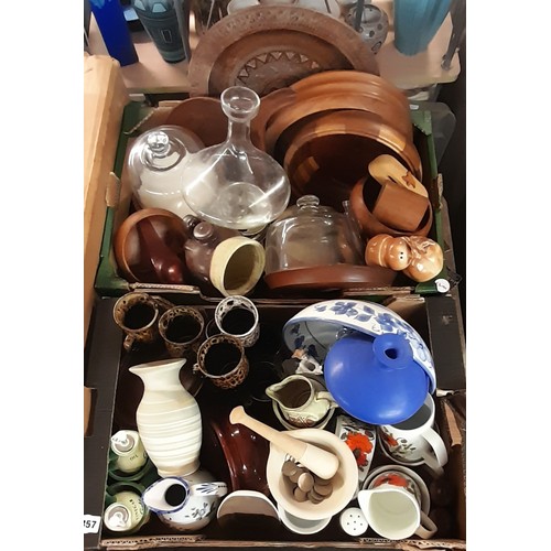 357 - TWO CARTONS - TREEN BOWLS, POTTERY MUGS, MORTAR AND PESTLE