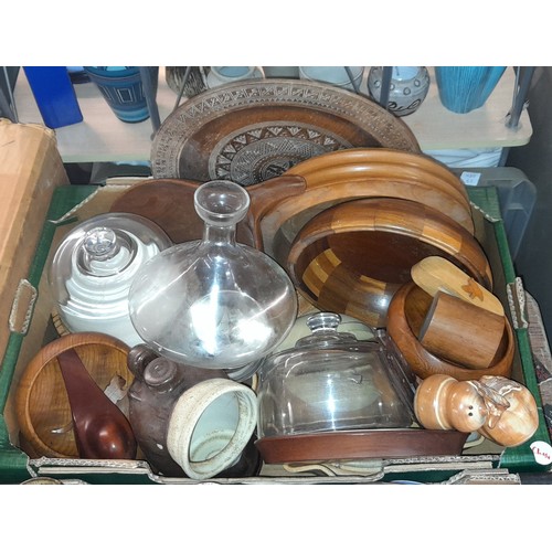 357 - TWO CARTONS - TREEN BOWLS, POTTERY MUGS, MORTAR AND PESTLE