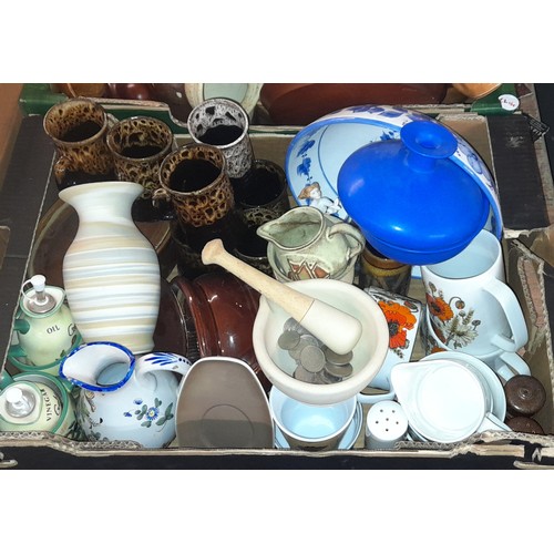 357 - TWO CARTONS - TREEN BOWLS, POTTERY MUGS, MORTAR AND PESTLE