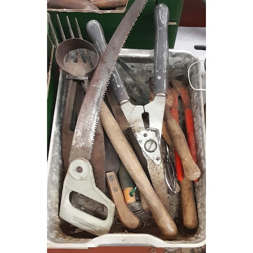 361 - BOX CONTAINING VARIOUS DRILL BITS, SPRIT LEVEL, GARDEN TOOLS, GALVANISED WATERING CAN, COBBLERS LAST... 