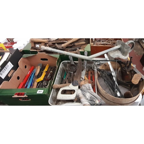 361 - BOX CONTAINING VARIOUS DRILL BITS, SPRIT LEVEL, GARDEN TOOLS, GALVANISED WATERING CAN, COBBLERS LAST... 