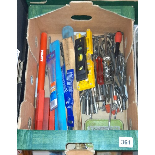 361 - BOX CONTAINING VARIOUS DRILL BITS, SPRIT LEVEL, GARDEN TOOLS, GALVANISED WATERING CAN, COBBLERS LAST... 