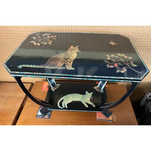 104 - BLACK PAINTED AND CAT TRANSFER PRINTED OCCASSIONAL TABLE