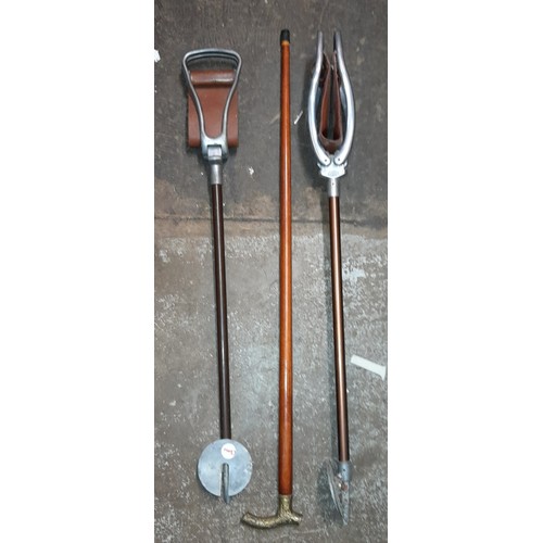 201 - TWO SHOOTING STICKS AND BRASS HEADED WALKING CANE