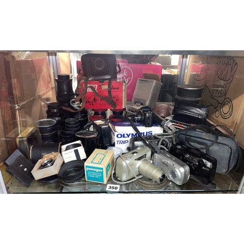 350 - PENTAX AUTO 110 CAMERA, OLYMPUS AND OTHER CAMERAS, VARIOUS LENSES AND FILTERS, AND PRINZ VIEWER