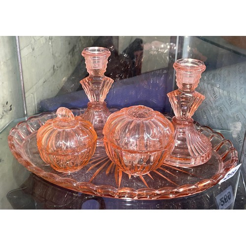 269 - PEACH PRESSED GLASS DRESSING TABLE SET