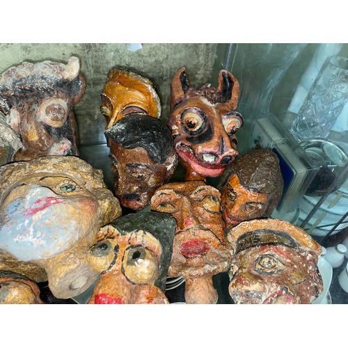 259 - SHELF OF INTERESTING POLYCHROME PAINTED PAPIER MACHE PUPPET HEADS