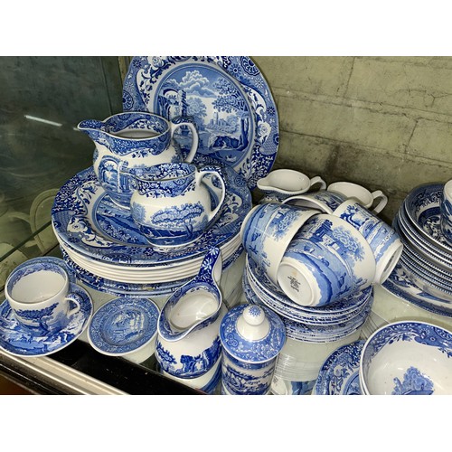 248 - SHELF OF SPODE BLUE AND WHITE ITALIAN SERIES AND OTHER WILLOW PATTERN TRANSFER WARE POTTERY