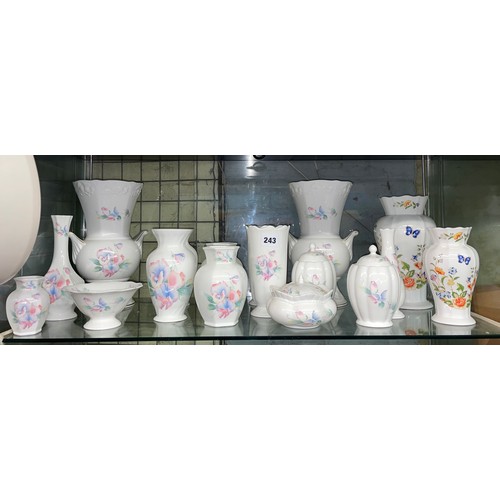 243 - SHELF OF AYNSLEY BONE CHINA COTTAGE GARDEN AND LITTLE SWEETHEART PATTERN VASES, BOWLS, AND SPILL VAS... 