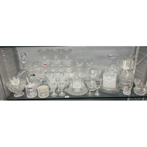 241 - SHELF OF GOOD QUALITY CUT GLASSWARE INC. FLAT-BACK DECANTER, CANDLESTICKS, JUG AND DRINKING GLASSES