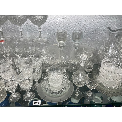 241 - SHELF OF GOOD QUALITY CUT GLASSWARE INC. FLAT-BACK DECANTER, CANDLESTICKS, JUG AND DRINKING GLASSES